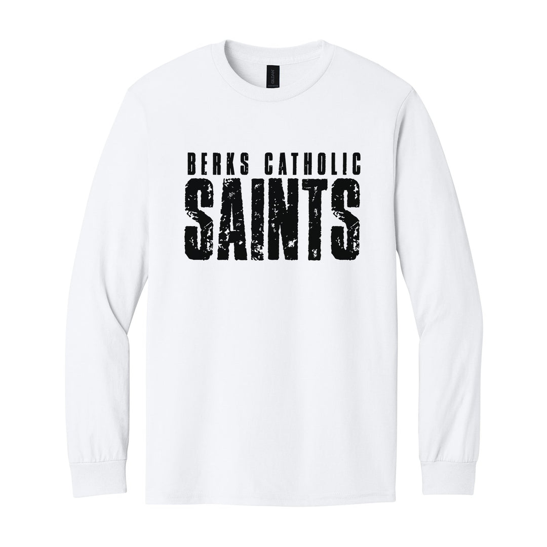 Berks Catholic Saints Distressed Block long sleeve t-shirt in White: BERKS CATHOLIC over tall, distressed SAINTS lettering