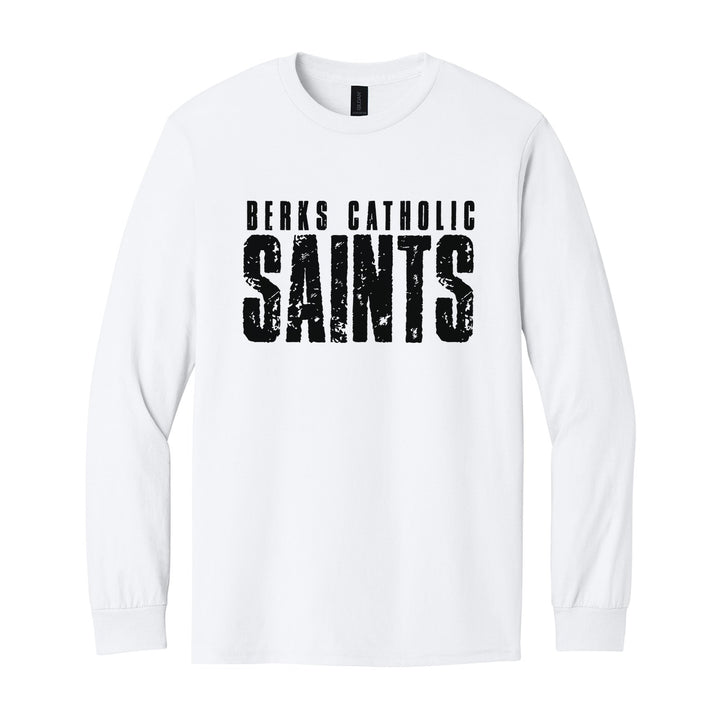 Berks Catholic Saints Distressed Block long sleeve t-shirt in White: BERKS CATHOLIC over tall, distressed SAINTS lettering