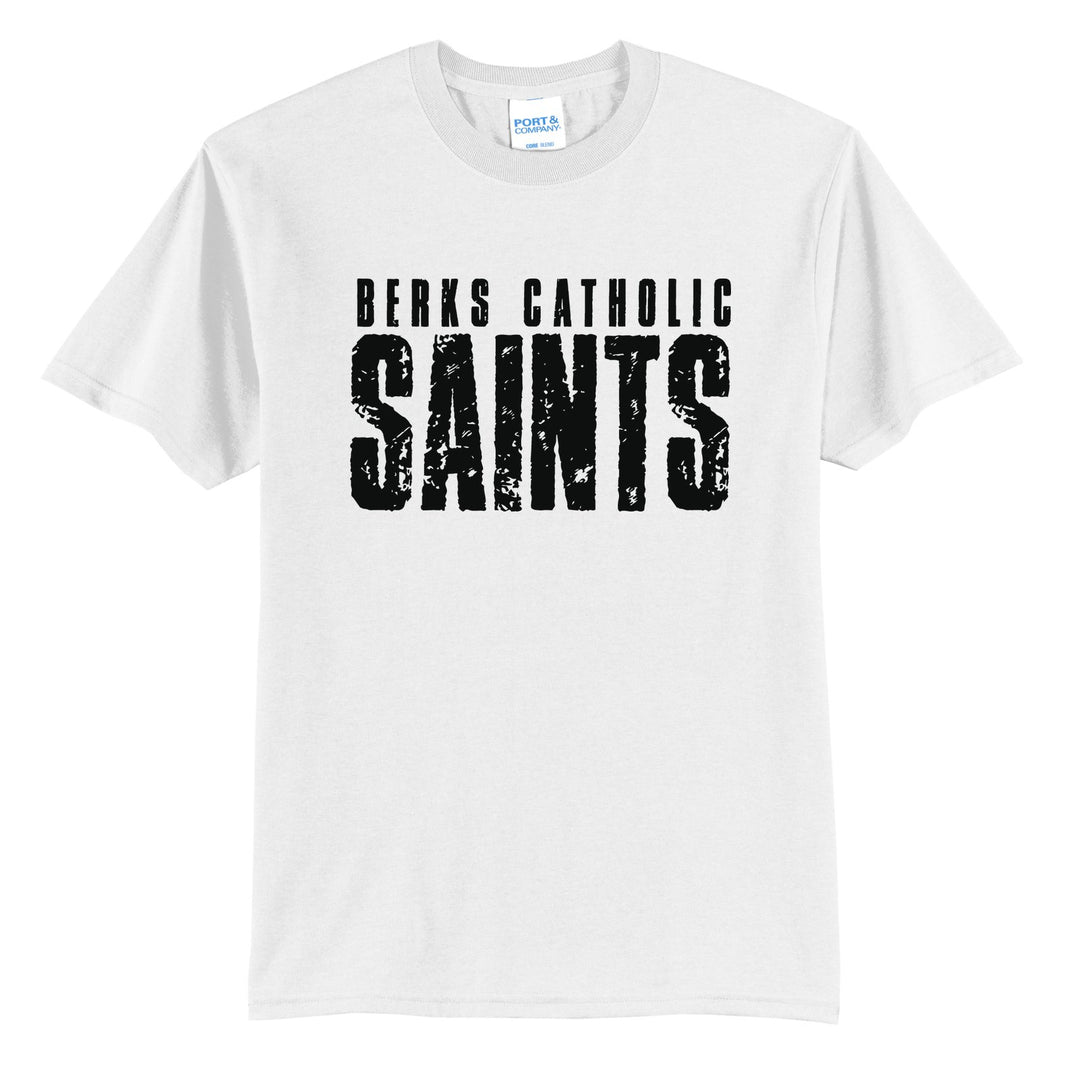 Berks Catholic Saints Distressed Block t-shirt in White: BERKS CATHOLIC over tall, distressed SAINTS lettering