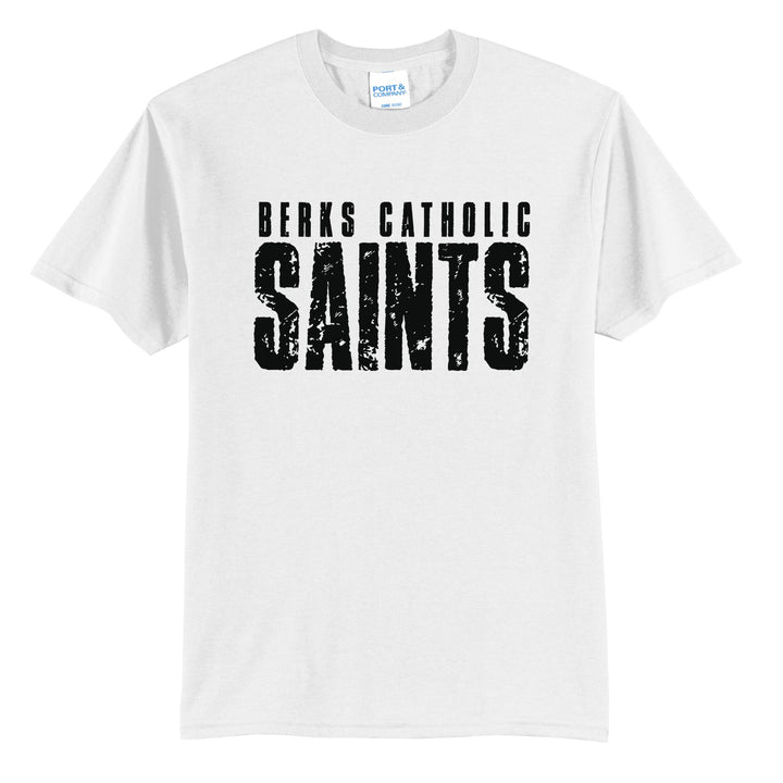 Berks Catholic Saints Distressed Block t-shirt in White: BERKS CATHOLIC over tall, distressed SAINTS lettering
