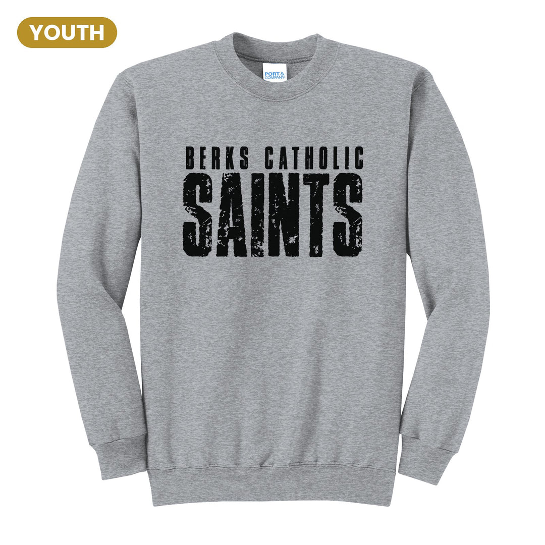 Berks Catholic Saints Distressed Block youth crewneck sweatshirt in Athletic Heather: BERKS CATHOLIC over tall, distressed SAINTS lettering