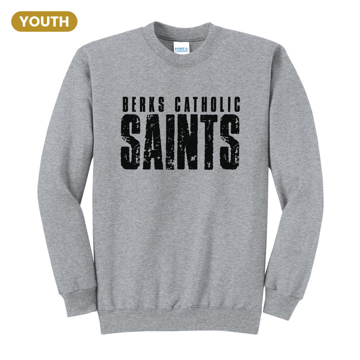 Berks Catholic Saints Distressed Block youth crewneck sweatshirt in Athletic Heather: BERKS CATHOLIC over tall, distressed SAINTS lettering