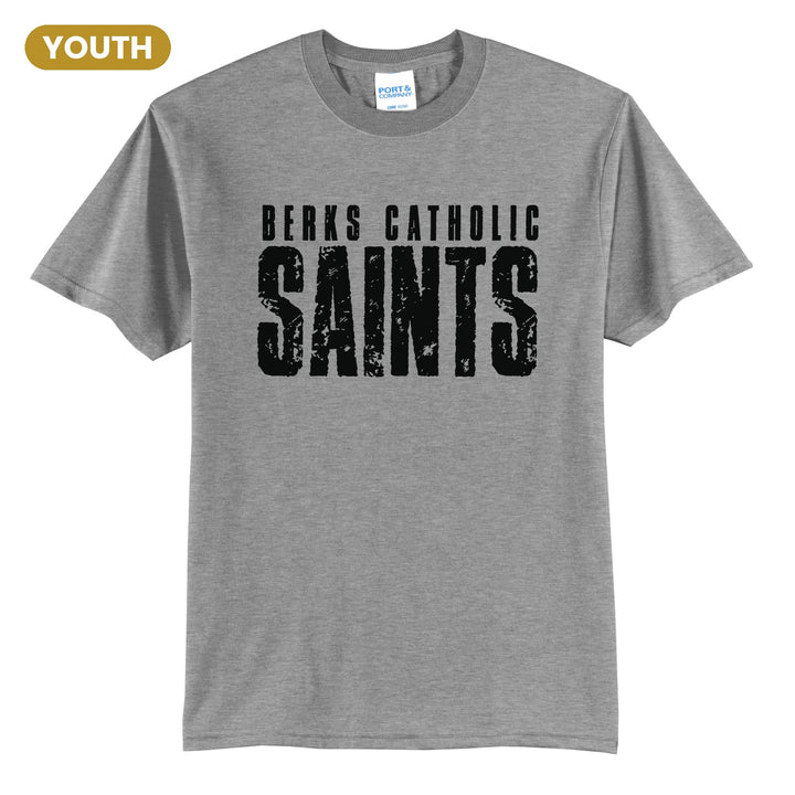 Berks Catholic Saints Distressed Block youth t-shirt in Athletic Heather: BERKS CATHOLIC over tall, distressed SAINTS lettering