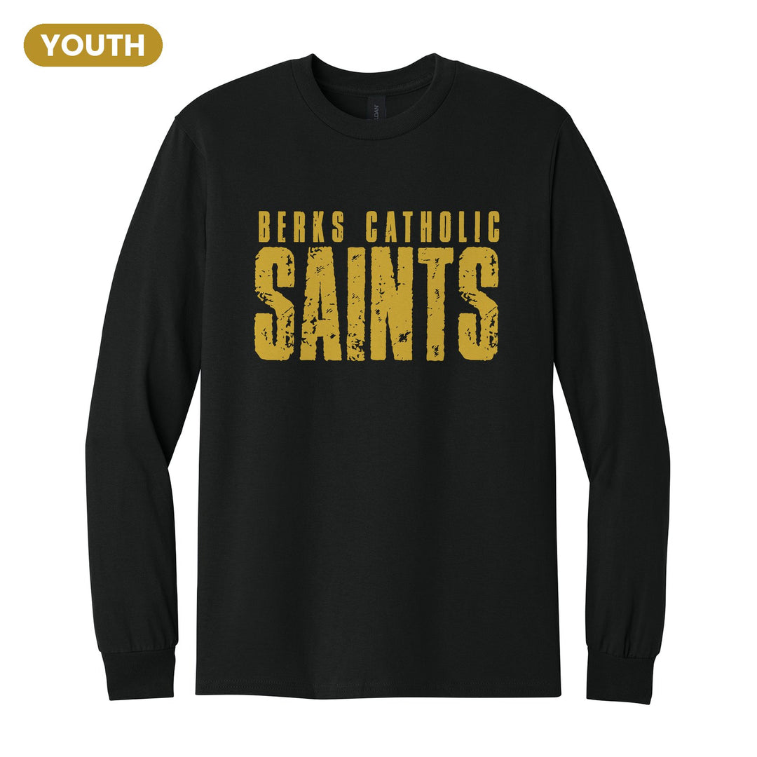 Berks Catholic Saints Distressed Block youth long sleeve t-shirt in Black: BERKS CATHOLIC over tall, distressed SAINTS lettering