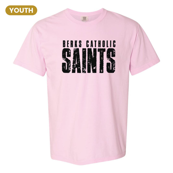 Berks Catholic Saints Distressed Block youth comfort colors t-shirt in Blossom: BERKS CATHOLIC over tall, distressed SAINTS lettering