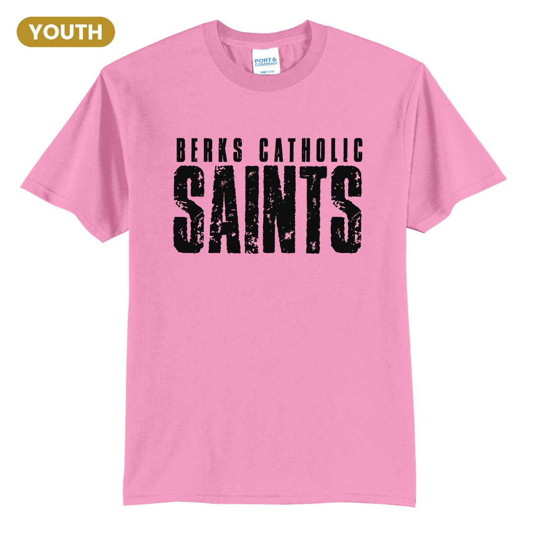 Berks Catholic Saints Distressed Block youth t-shirt in Candy Pink: BERKS CATHOLIC over tall, distressed SAINTS lettering