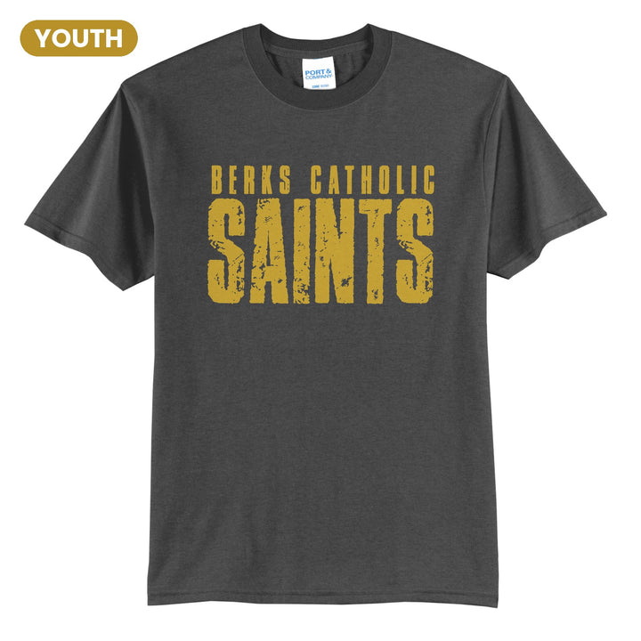Berks Catholic Saints Distressed Block youth t-shirt in Charcoal: BERKS CATHOLIC over tall, distressed SAINTS lettering