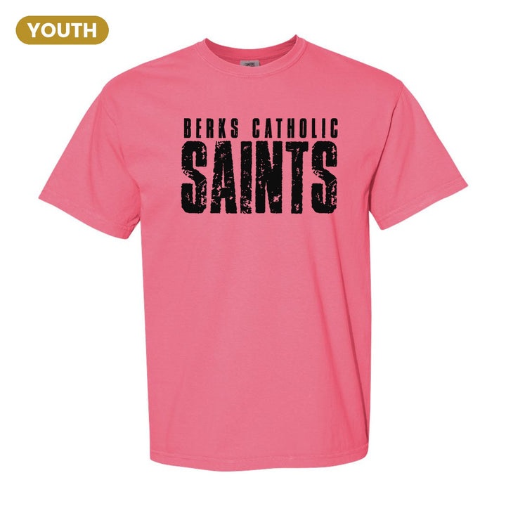 Berks Catholic Saints Distressed Block youth comfort colors t-shirt in Crunchberry: BERKS CATHOLIC over tall, distressed SAINTS lettering