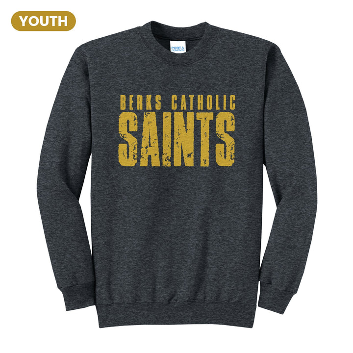 Berks Catholic Saints Distressed Block youth crewneck sweatshirt in Dark Heather Grey: BERKS CATHOLIC over tall, distressed SAINTS lettering