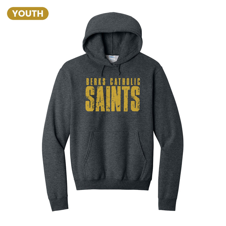 Berks Catholic Saints Distressed Block youth hoodie in Dark Heather Grey: BERKS CATHOLIC over tall, distressed SAINTS lettering