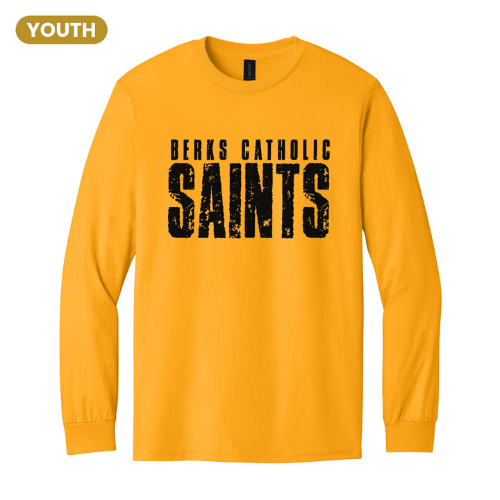 Berks Catholic Saints Distressed Block youth long sleeve t-shirt in Gold: BERKS CATHOLIC over tall, distressed SAINTS lettering