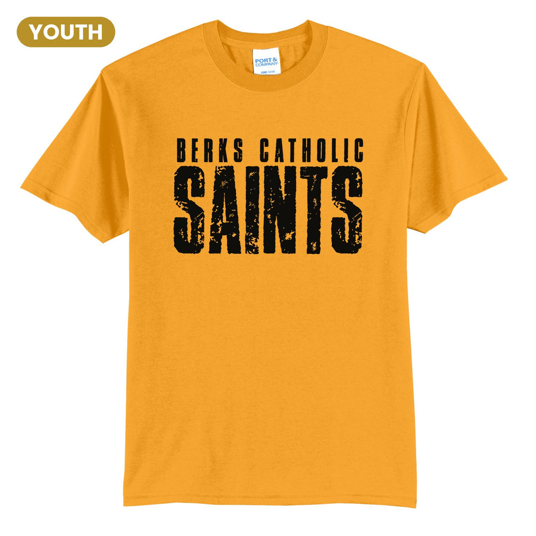 Berks Catholic Saints Distressed Block youth t-shirt in Gold: BERKS CATHOLIC over tall, distressed SAINTS lettering