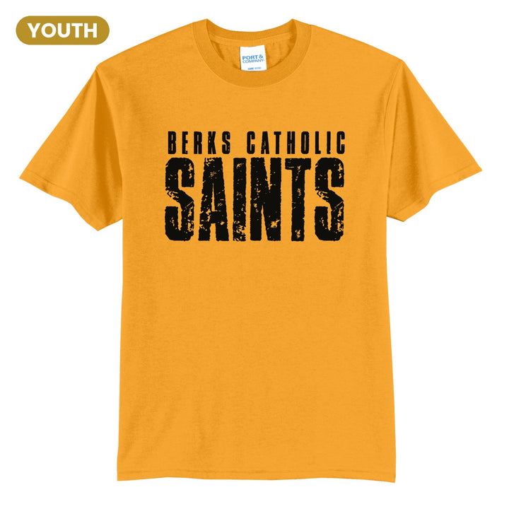 Berks Catholic Saints Distressed Block youth t-shirt in Gold: BERKS CATHOLIC over tall, distressed SAINTS lettering