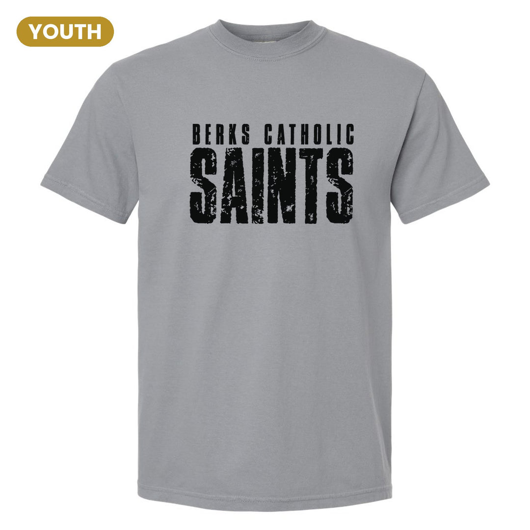 Berks Catholic Saints Distressed Block youth comfort colors t-shirt in Granite: BERKS CATHOLIC over tall, distressed SAINTS lettering