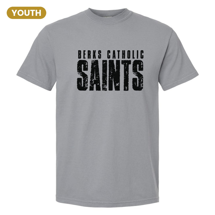 Berks Catholic Saints Distressed Block youth comfort colors t-shirt in Granite: BERKS CATHOLIC over tall, distressed SAINTS lettering