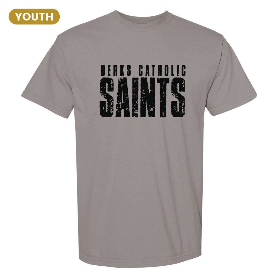 Berks Catholic Saints Distressed Block youth comfort colors t-shirt in Grey: BERKS CATHOLIC over tall, distressed SAINTS lettering