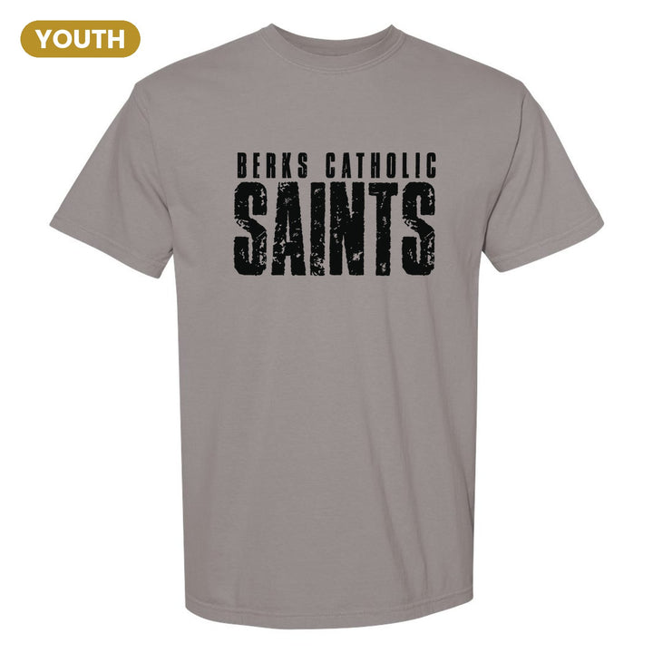 Berks Catholic Saints Distressed Block youth comfort colors t-shirt in Grey: BERKS CATHOLIC over tall, distressed SAINTS lettering