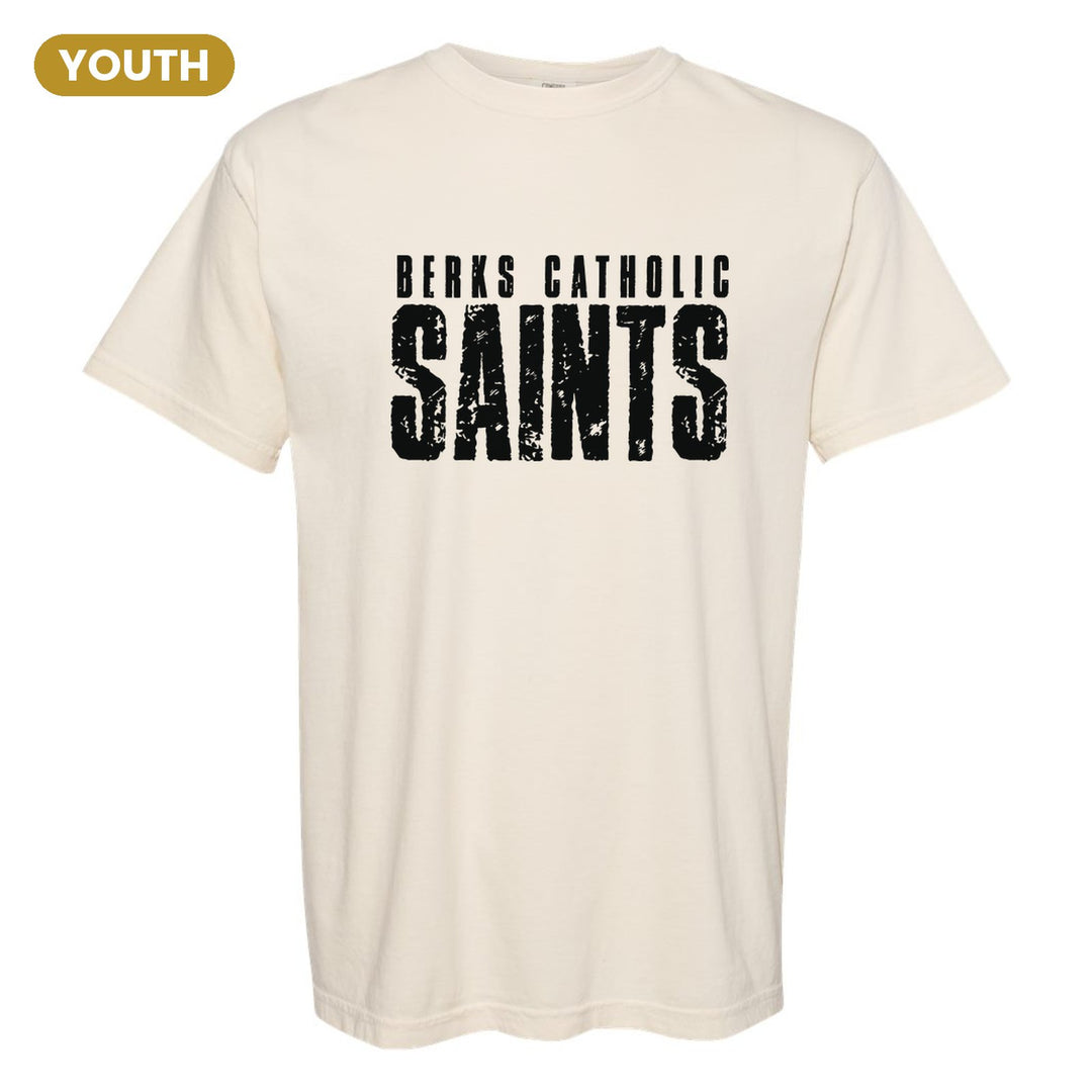 Berks Catholic Saints Distressed Block youth comfort colors t-shirt in Ivory: BERKS CATHOLIC over tall, distressed SAINTS lettering
