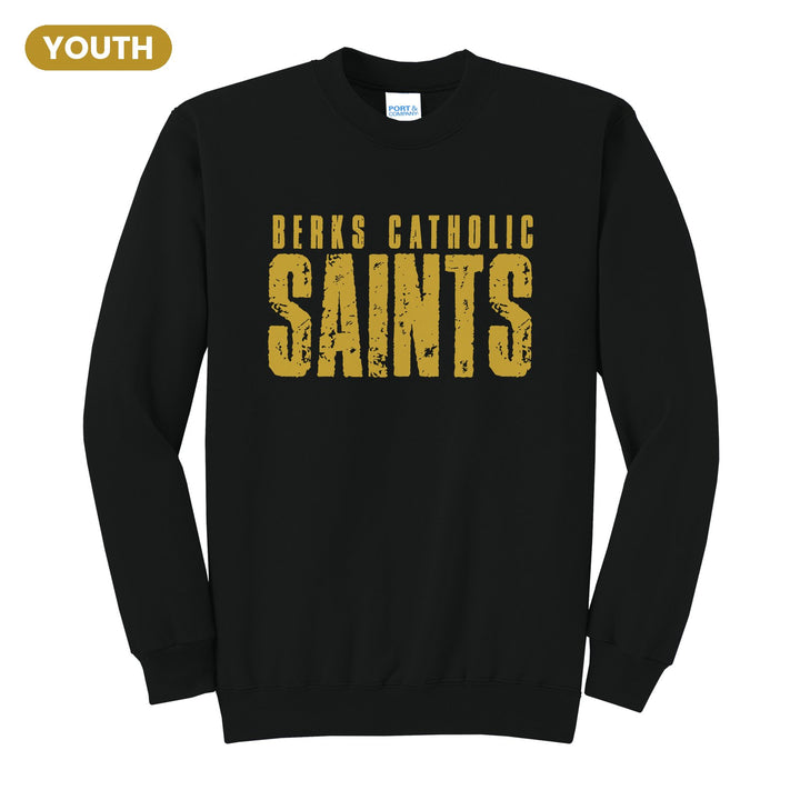 Berks Catholic Saints Distressed Block youth crewneck sweatshirt in Jet Black: BERKS CATHOLIC over tall, distressed SAINTS lettering