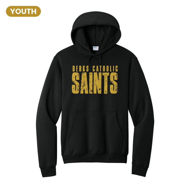 Berks Catholic Saints Distressed Block youth hoodie in Jet Black: BERKS CATHOLIC over tall, distressed SAINTS lettering