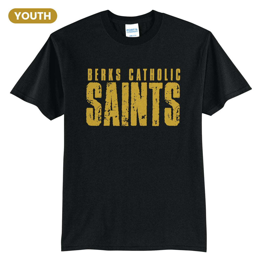 Berks Catholic Saints Distressed Block youth t-shirt in Jet Black: BERKS CATHOLIC over tall, distressed SAINTS lettering