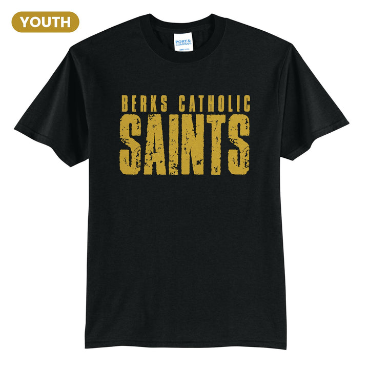 Berks Catholic Saints Distressed Block youth t-shirt in Jet Black: BERKS CATHOLIC over tall, distressed SAINTS lettering