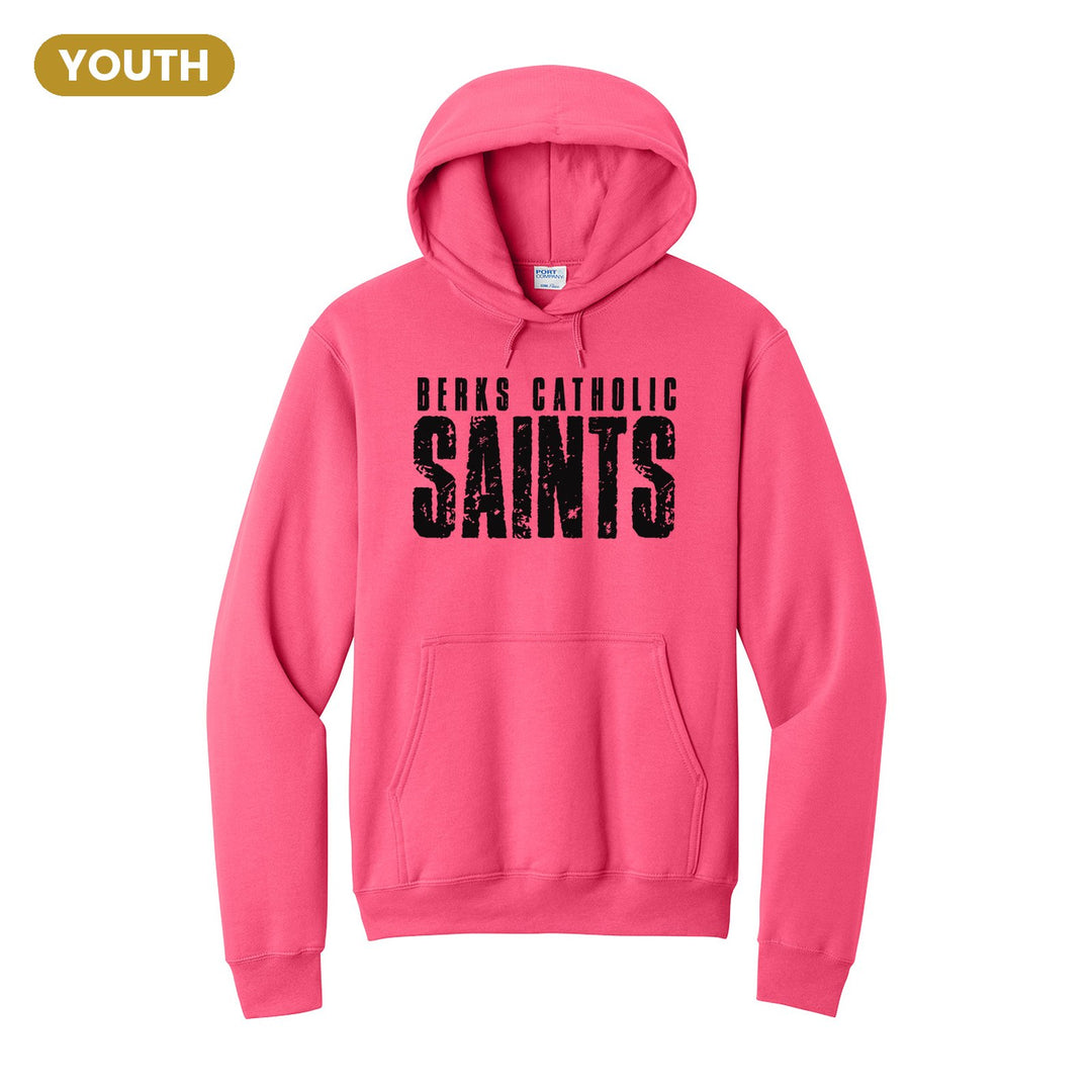 Berks Catholic Saints Distressed Block youth hoodie in Neon Pink: BERKS CATHOLIC over tall, distressed SAINTS lettering