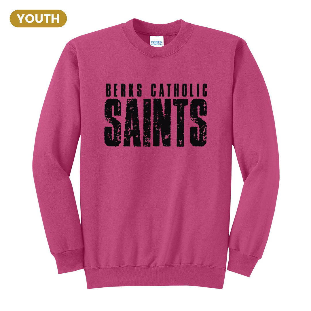 Berks Catholic Saints Distressed Block youth crewneck sweatshirt in Sangria: BERKS CATHOLIC over tall, distressed SAINTS lettering