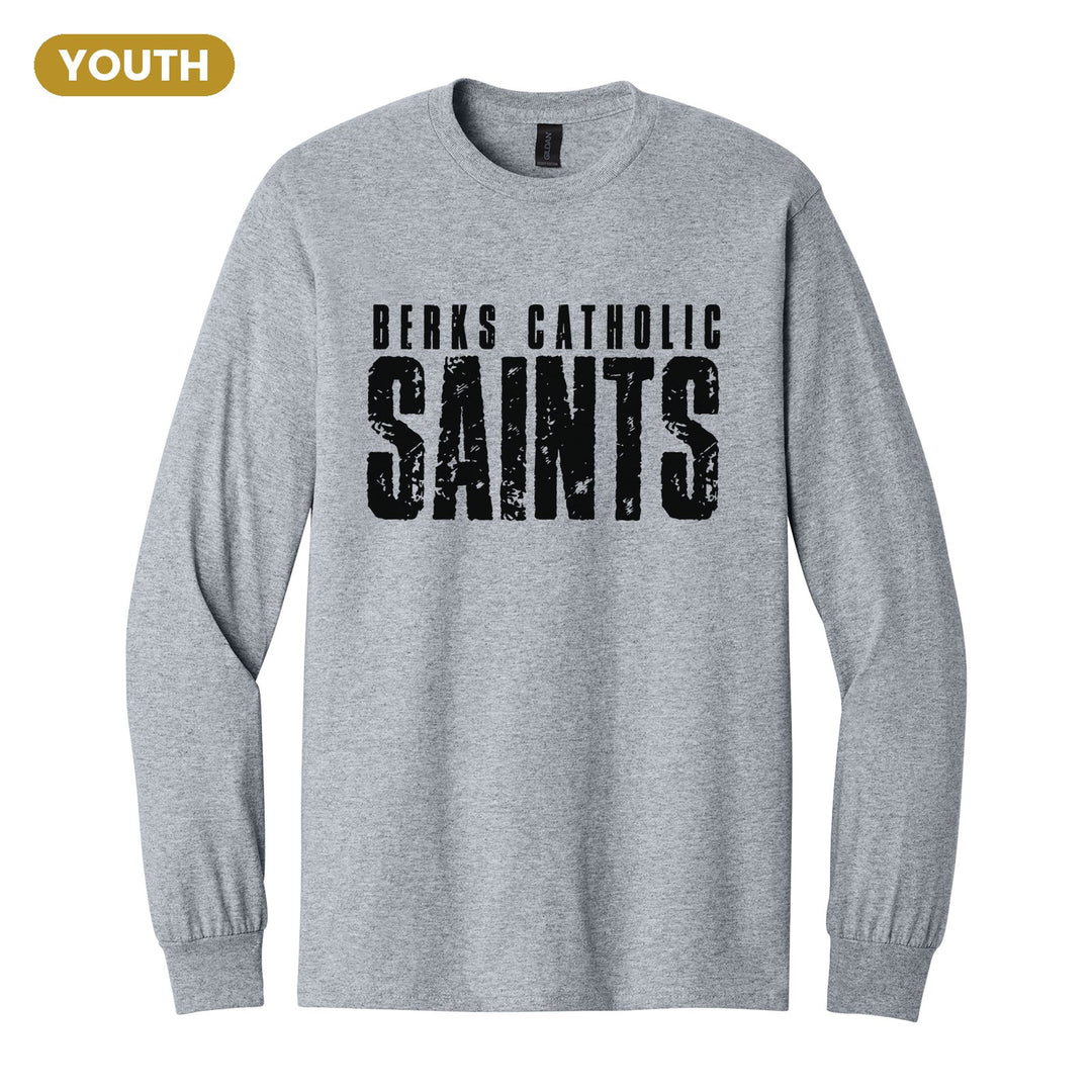 Berks Catholic Saints Distressed Block youth long sleeve t-shirt in Sport Grey: BERKS CATHOLIC over tall, distressed SAINTS lettering