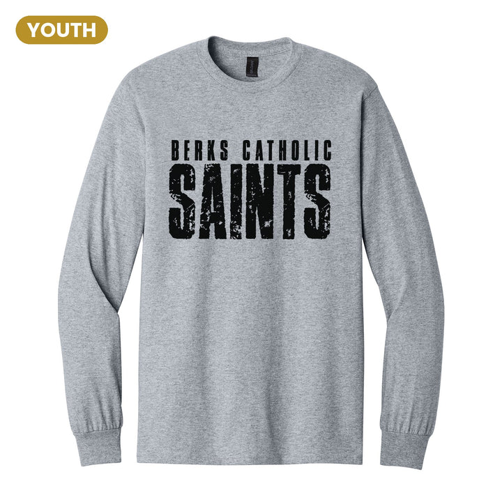 Berks Catholic Saints Distressed Block youth long sleeve t-shirt in Sport Grey: BERKS CATHOLIC over tall, distressed SAINTS lettering