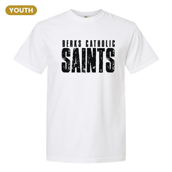 Berks Catholic Saints Distressed Block youth comfort colors t-shirt in White: BERKS CATHOLIC over tall, distressed SAINTS lettering
