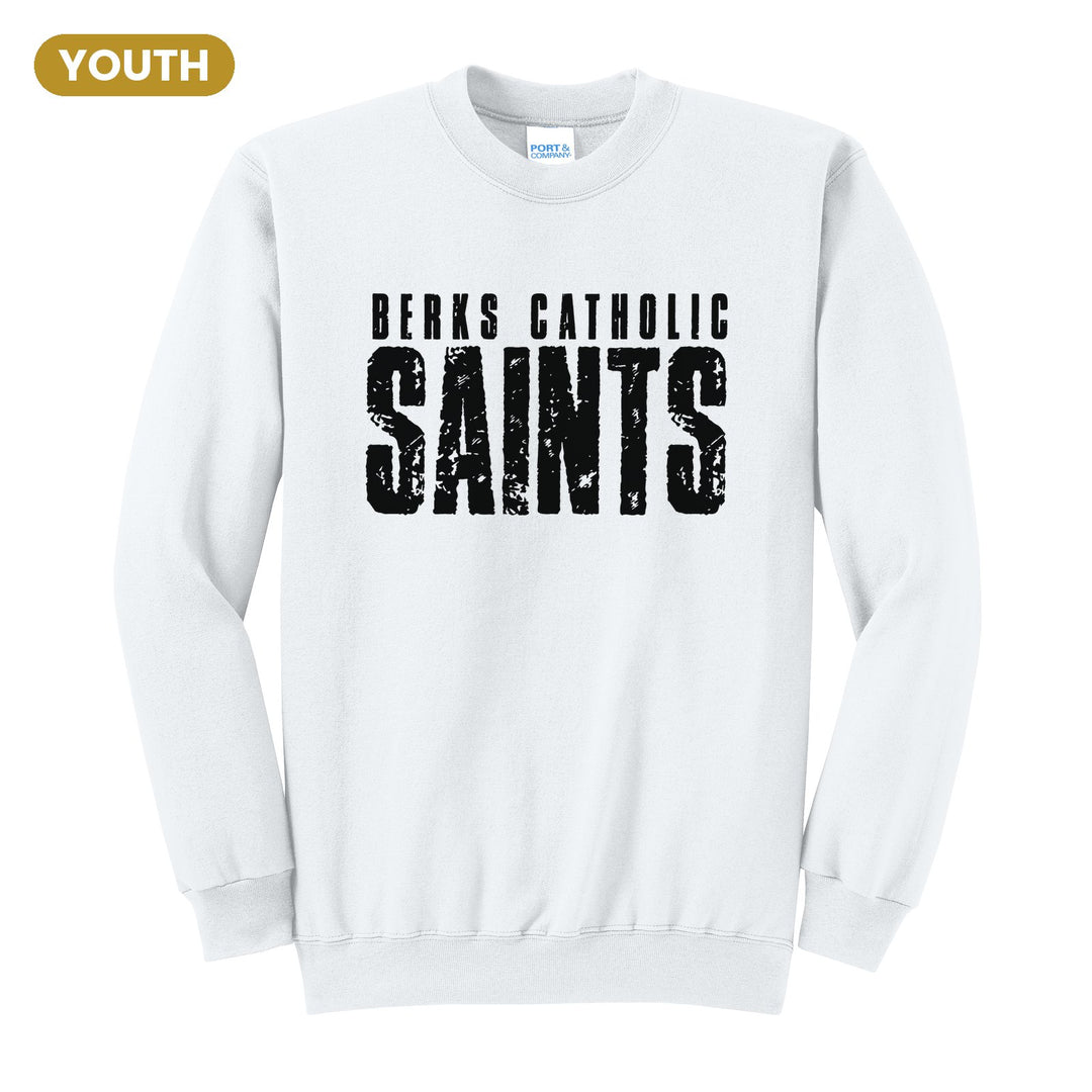 Berks Catholic Saints Distressed Block youth crewneck sweatshirt in White: BERKS CATHOLIC over tall, distressed SAINTS lettering
