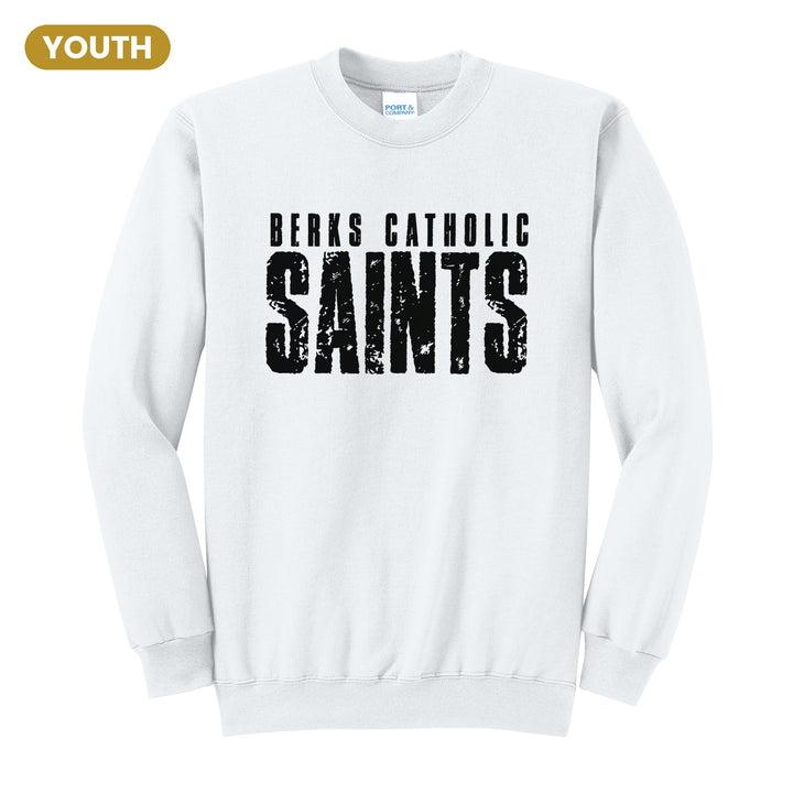 Berks Catholic Saints Distressed Block youth crewneck sweatshirt in White: BERKS CATHOLIC over tall, distressed SAINTS lettering