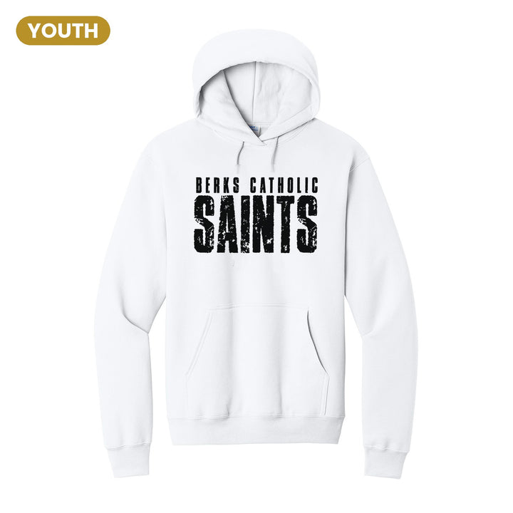 Berks Catholic Saints Distressed Block youth hoodie in White: BERKS CATHOLIC over tall, distressed SAINTS lettering
