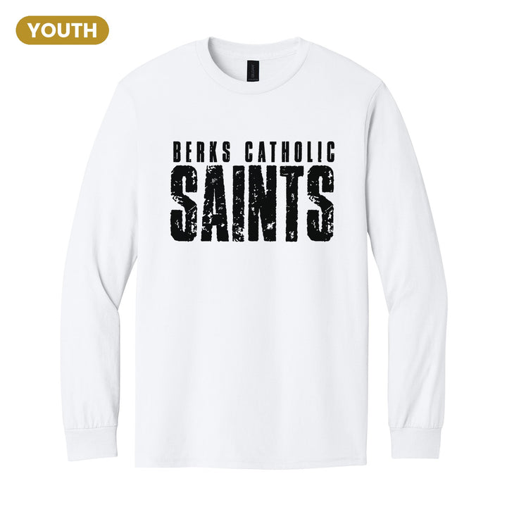 Berks Catholic Saints Distressed Block youth long sleeve t-shirt in White: BERKS CATHOLIC over tall, distressed SAINTS lettering