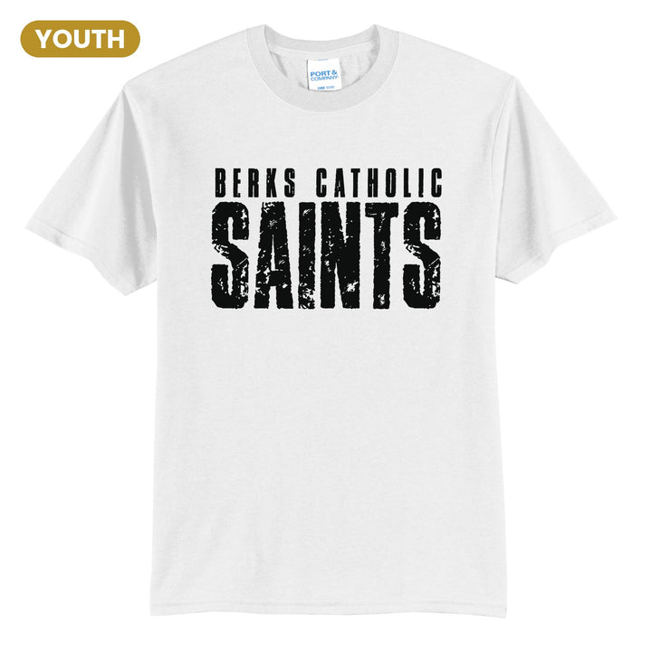 Berks Catholic Saints Distressed Block youth t-shirt in White: BERKS CATHOLIC over tall, distressed SAINTS lettering