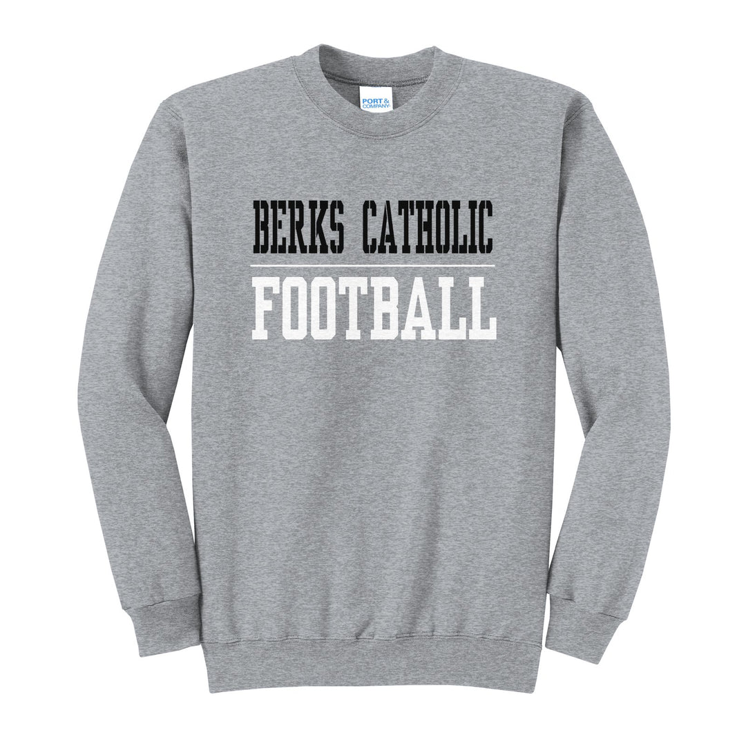 Berks Catholic Saints Sport or Activity crewneck sweatshirt in Athletic Heather: BERKS CATHOLIC over a thin rule and FOOTBALL (your sport or activity) in block letters