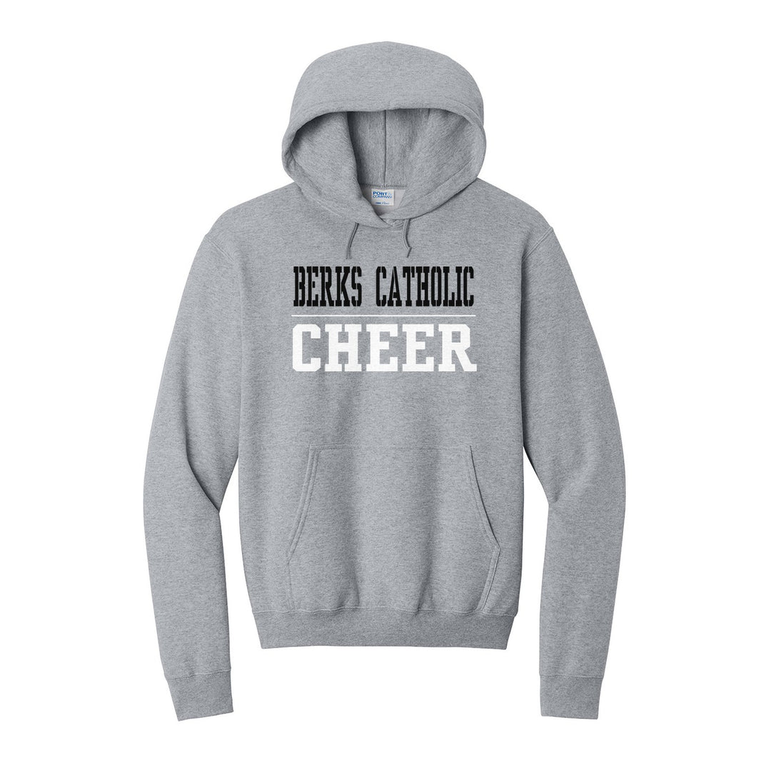 Berks Catholic Saints Sport or Activity hoodie in Athletic Heather: BERKS CATHOLIC over a thin rule and CHEER (your sport or activity) in block letters