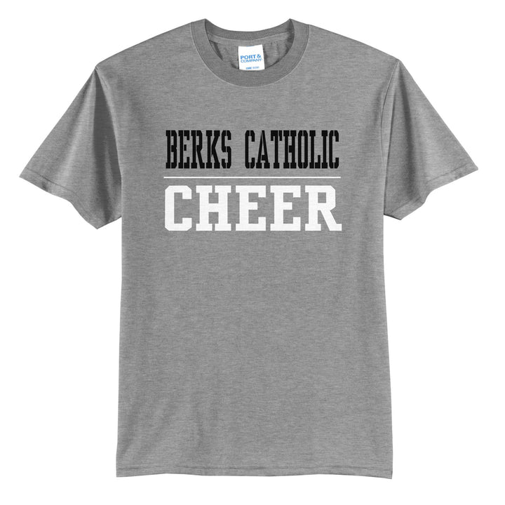 Berks Catholic Saints Sport or Activity t-shirt in Athletic Heather: BERKS CATHOLIC over a thin rule and CHEER (your sport or activity) in block letters