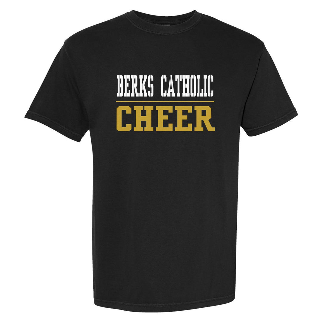 Berks Catholic Saints Sport or Activity comfort colors t-shirt in Black: BERKS CATHOLIC over a thin rule and CHEER (your sport or activity) in block letters
