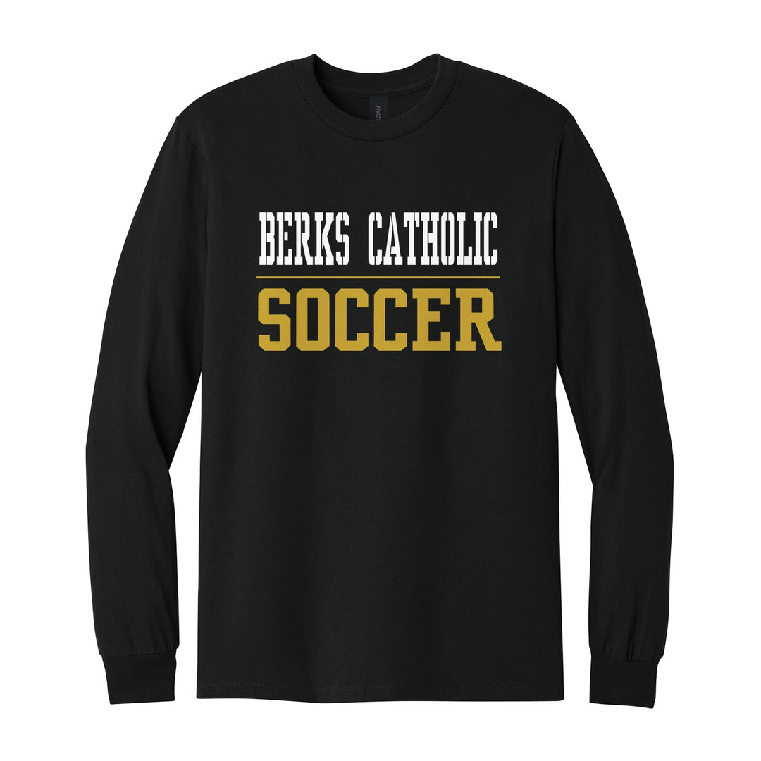 Berks Catholic Saints Sport or Activity long sleeve t-shirt in Black: BERKS CATHOLIC over a thin rule and SOCCER (your sport or activity) in block letters