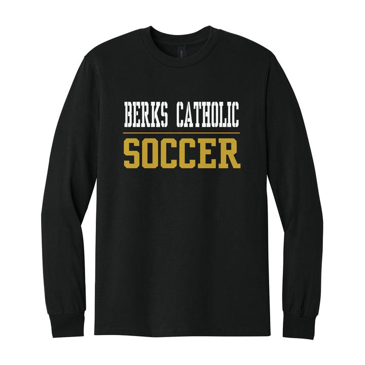 Berks Catholic Saints Sport or Activity long sleeve t-shirt in Black: BERKS CATHOLIC over a thin rule and SOCCER (your sport or activity) in block letters