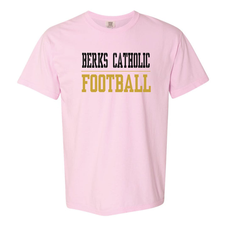 Berks Catholic Saints Sport or Activity comfort colors t-shirt in Blossom: BERKS CATHOLIC over a thin rule and FOOTBALL (your sport or activity) in block letters