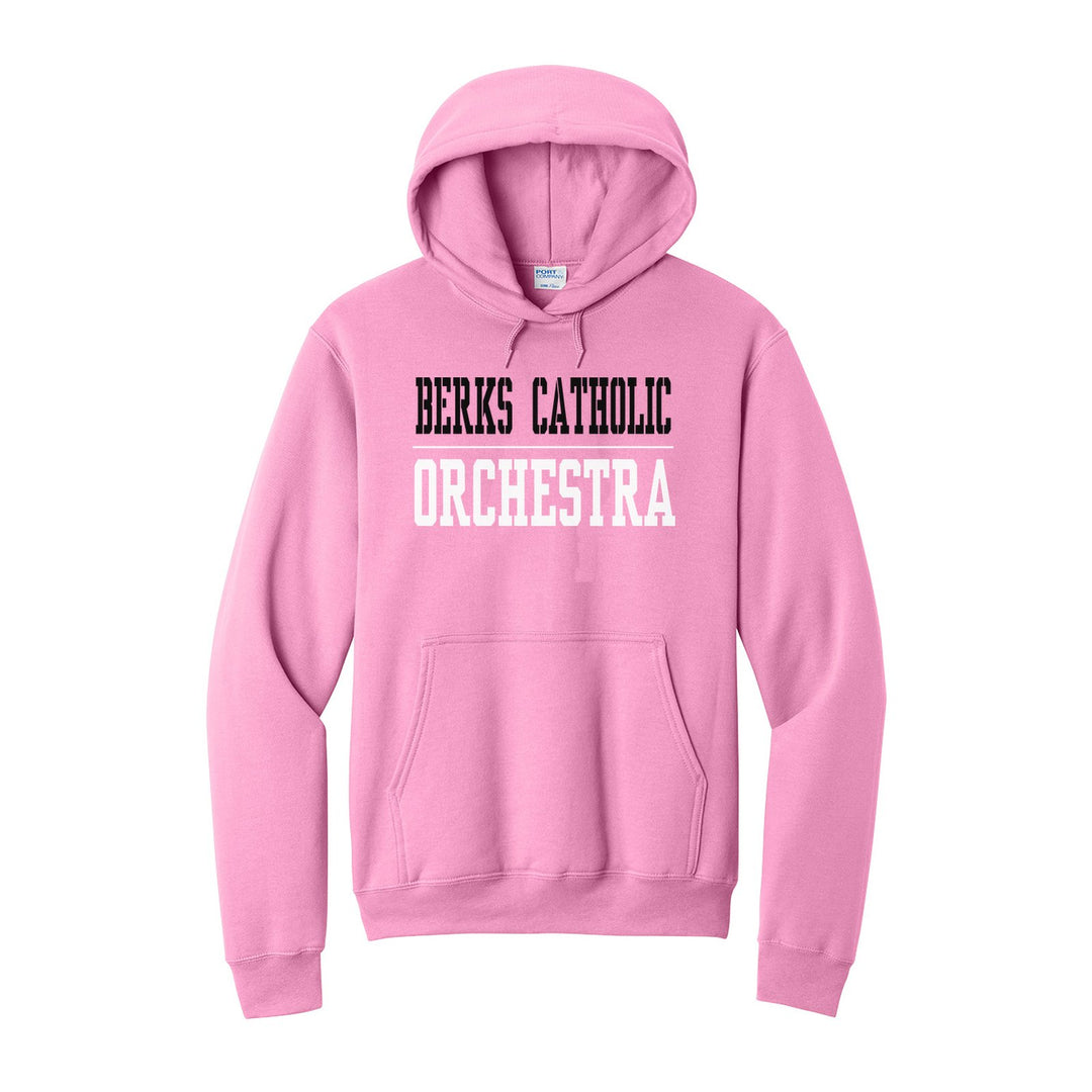 Berks Catholic Saints Sport or Activity hoodie in Candy Pink: BERKS CATHOLIC over a thin rule and ORCHESTRA (your sport or activity) in block letters