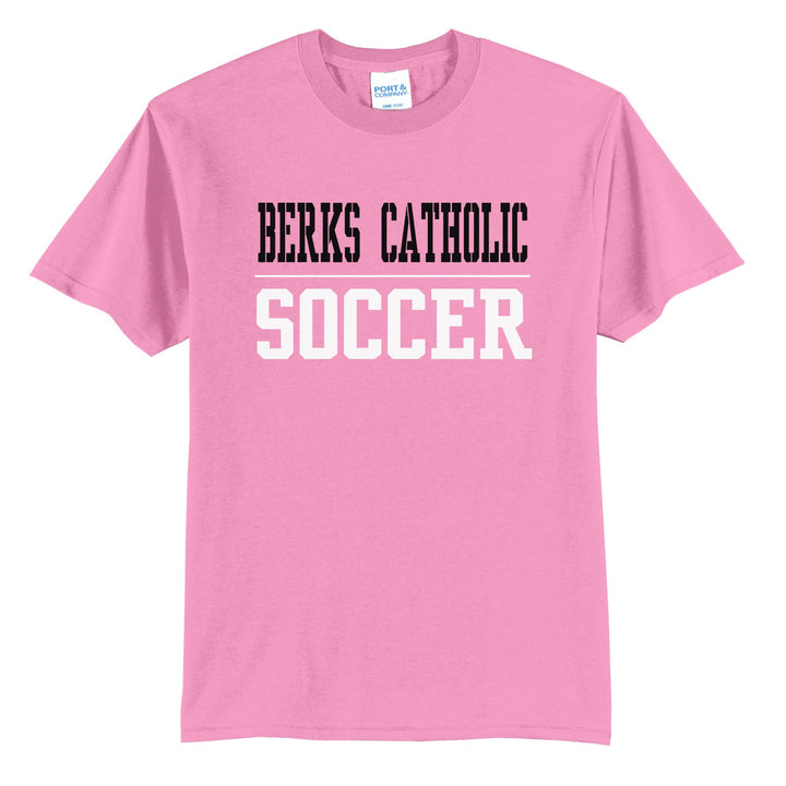 Berks Catholic Saints Sport or Activity t-shirt in Candy Pink: BERKS CATHOLIC over a thin rule and SOCCER (your sport or activity) in block letters