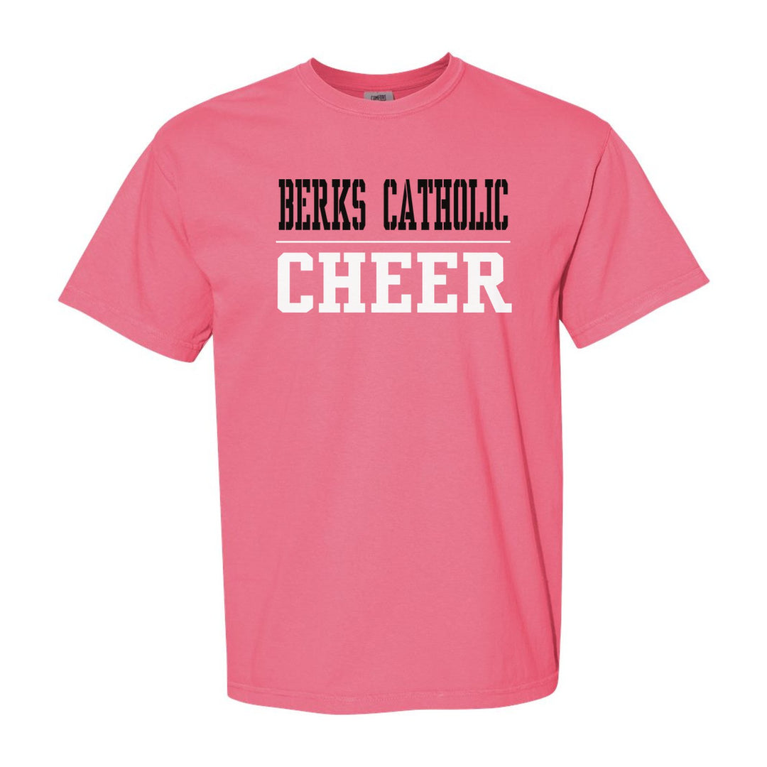 Berks Catholic Saints Sport or Activity comfort colors t-shirt in Crunchberry: BERKS CATHOLIC over a thin rule and CHEER (your sport or activity) in block letters