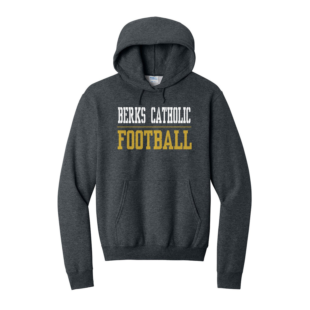 Berks Catholic Saints Sport or Activity hoodie in Dark Heather Grey: BERKS CATHOLIC over a thin rule and FOOTBALL (your sport or activity) in block letters