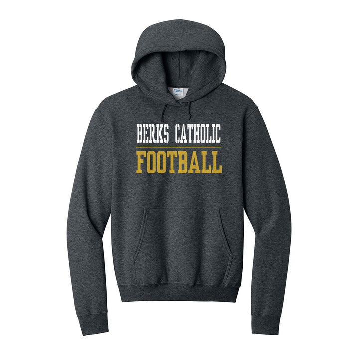 Berks Catholic Saints Sport or Activity hoodie in Dark Heather Grey: BERKS CATHOLIC over a thin rule and FOOTBALL (your sport or activity) in block letters