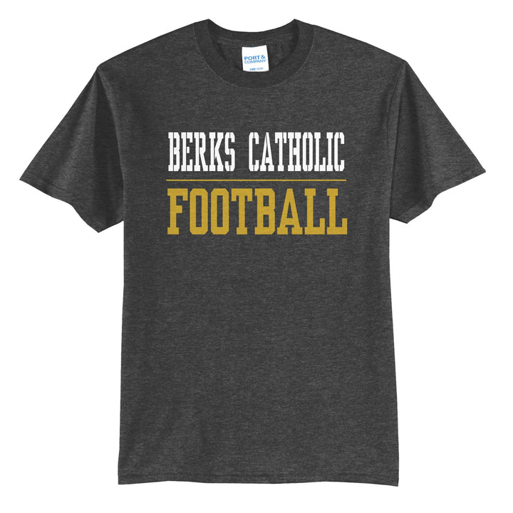 Berks Catholic Saints Sport or Activity t-shirt in Dark Heather Grey: BERKS CATHOLIC over a thin rule and FOOTBALL (your sport or activity) in block letters