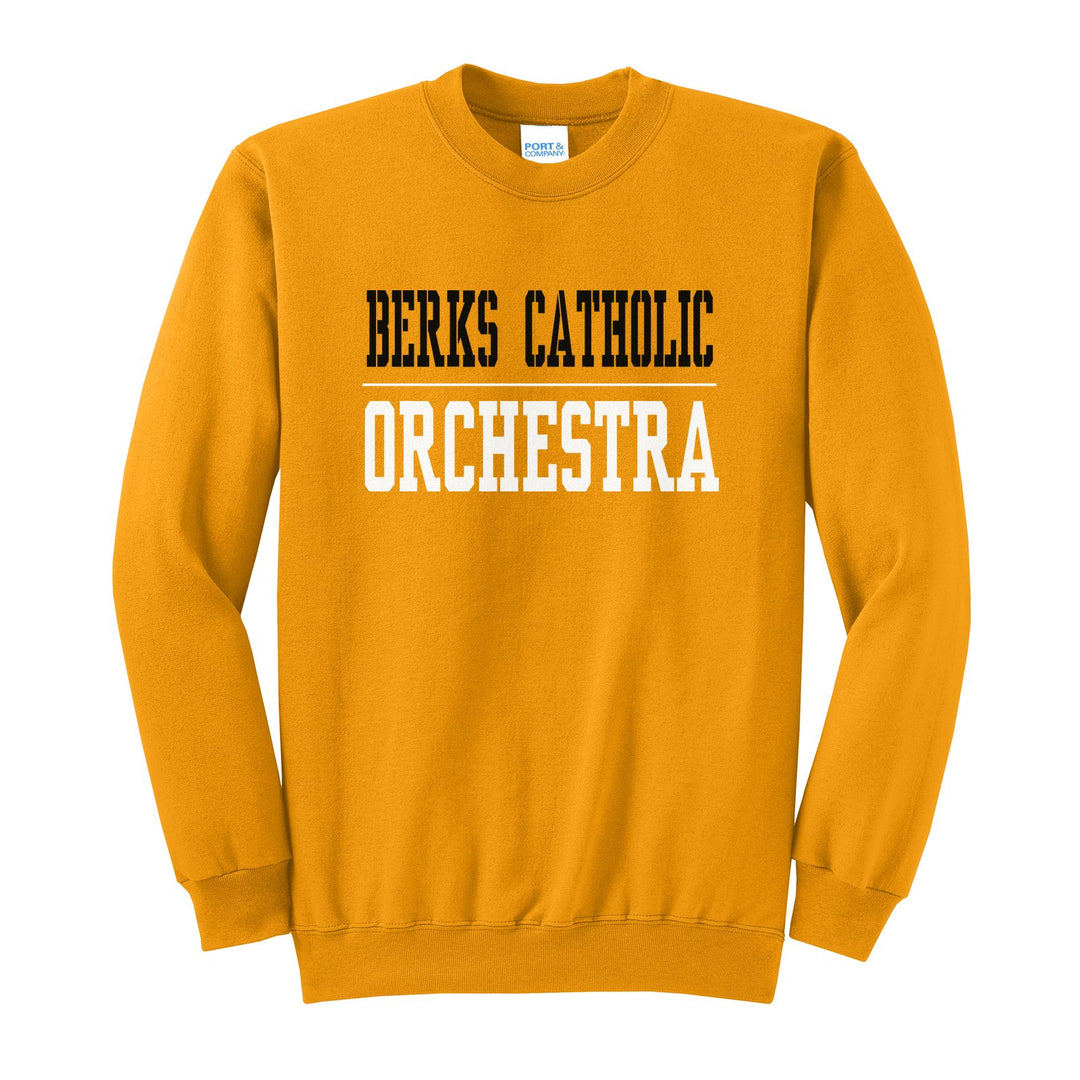 Berks Catholic Saints Sport or Activity crewneck sweatshirt in Gold: BERKS CATHOLIC over a thin rule and ORCHESTRA (your sport or activity) in block letters